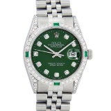 Rolex Mens Stainless Steel Diamond Lugs Green Diamond & Emerald Datejust Wristwa