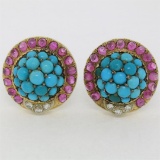 Vintage 14K Yellow Gold 3.56 ctw Turquoise Diamond & Ruby Cluster Button Earring