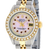 Rolex Ladies 2 Tone 18K Pink MOP Ruby Diamond Sapphire Datejust Wristwatch