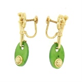 Estate 14kt Yellow Gold Oval Disk Jade Screw On Drop Dangle Earrings