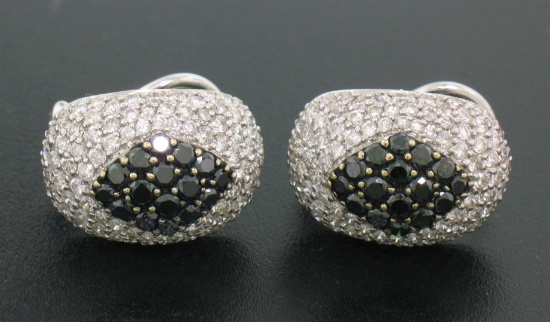 18k Solid White Gold 3.60 ctw White & Black Diamond Drenched Dome Button Earring