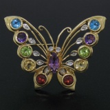 14k Yellow Gold 3.12 ctw Multi Colored Natural Gemstone & Diamond Butterfly Broo