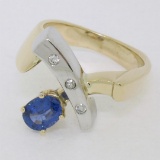 Two Tone 14K Gold 0.98 ctw QUALITY Sapphire Solitaire Ring w/ 3 Diamond Accents