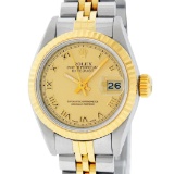 Rolex Ladies 2 Tone Factory Champagne Roman Fluted Datejust Wristwatch
