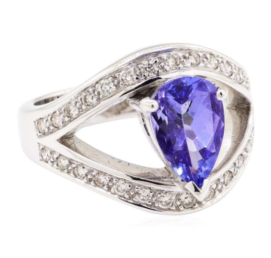 2.35 ctw Pear Mixed Tanzanite And Round Brilliant Cut Diamond Ring - 18KT White