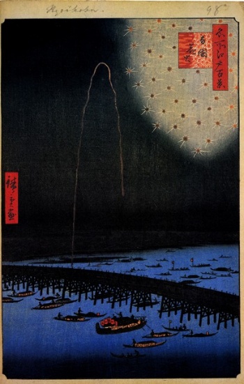 Hiroshige  - Fireworks at Ryogok