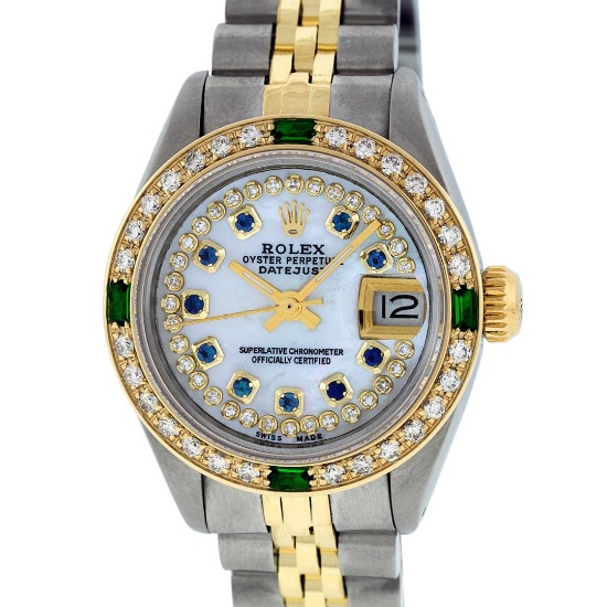 Rolex Ladies 2 Tone MOP Sapphire & Emerald Oyster Perpetual Datejust Wriswatch