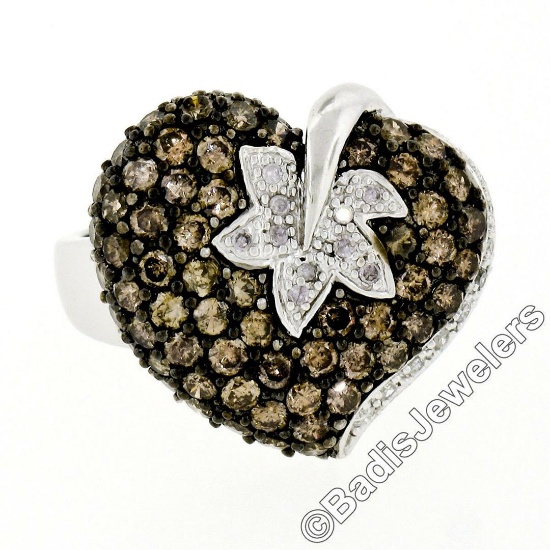 10kt White Gold 3.10 ctw Brown and White Diamond Leaf Heart Cluster Ring
