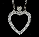 Antique 14k White Gold 1.00 ctw Single Cut Diamond Open Heart Pendant Necklace