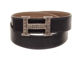 Hermes Navy Leather Sliver Buckle Belt