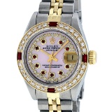 Rolex Ladies 2 Tone Pink MOP Diamond & String Ruby 26MM Datejust Wristwatch
