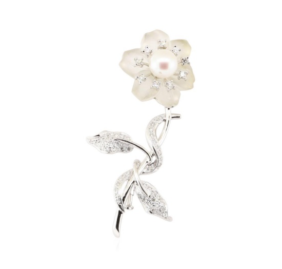 0.53 ctw Diamond and Pearl Flower Pin - 18KT White Gold