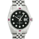 Rolex Mens Stainless Steel Black Diamond & Ruby 36MM Datejust Wristwatch Oyster