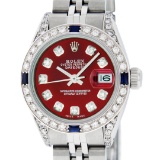 Rolex Ladies Stainless Steel Red Diamond Lugs & Sapphire Datejust Wristwatch