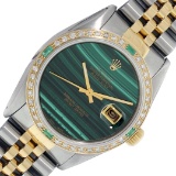Rolex Datejust Mens 36 Green Malachite Diamond Bezel 18K/SS Oyster Perpetual Wit