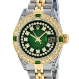 Rolex Ladies 2 Tone Green Vignette Diamond Lugs & Emerald Datejust Wriswatch