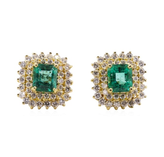 3.71 ctw Emerald and Diamond Earrings - 18KT Yellow Gold