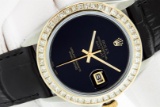 Rolex 36 Datejust Black Onyx 2.75 ctw Princess Diamond Leather Band Oyster Perpe