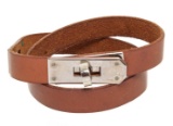 Hermes Brown Leather Palladium Plated Kelly Choker Necklace