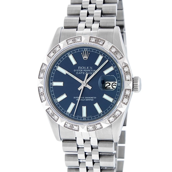 Rolex Stainless Steel 36MM Blue Index Diamond Oyster Perpetual Datejust Wristwat