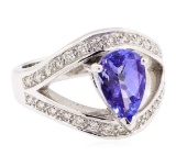 2.35 ctw Pear Mixed Tanzanite And Round Brilliant Cut Diamond Ring - 18KT White