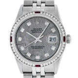 Rolex Mens SS Meteorite Diamond & Ruby Channel Set Oyster Perpetual Datejust Wri