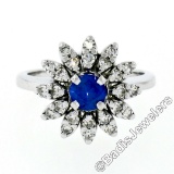 Vintage 14kt White Gold 0.90 ctw Round Sapphire and Diamond Flower Cluster Ring