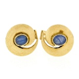 Vintage 14kt Yellow Gold Oval Blue Star Sapphire Florentine Swirl Cuff Links