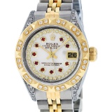 Rolex Ladies 2 Tone MOP Ruby & Pyramid Diamond Lugs Oyster Perpetual Datejust Wr