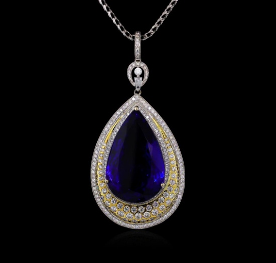 18KT White Gold GIA Certified 69.66 ctw Tanzanite and Diamond Pendant With Chain