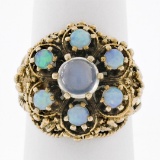 Large Vintage 14K Yellow Gold Round Blue Moonstone Opal Cluster Cocktail Ring