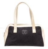 Chanel Cream Navy Blue Patent Trim Tote Bag