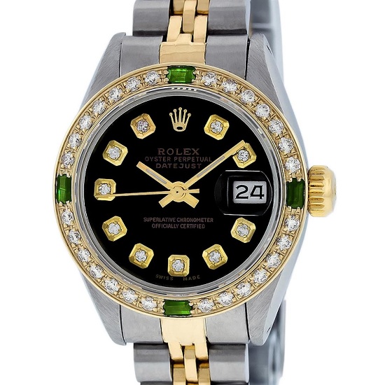 Rolex Ladies 2 Tone Black Diamond & Emerald 26mm Oyster Datejust Wristwatch