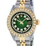 Rolex Ladies 2 Tone Green Vignette Diamond Lugs 26MM Oyster Perpetual Datejust