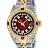 Rolex Ladies 2 Tone Red Vignette String Diamond Lugs & Ruby Datejust Wriswatch