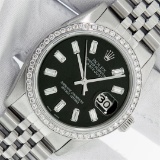 Rolex Mens Stainless Steel Black Baguette Diamond 36MM Datejust Wristwatch