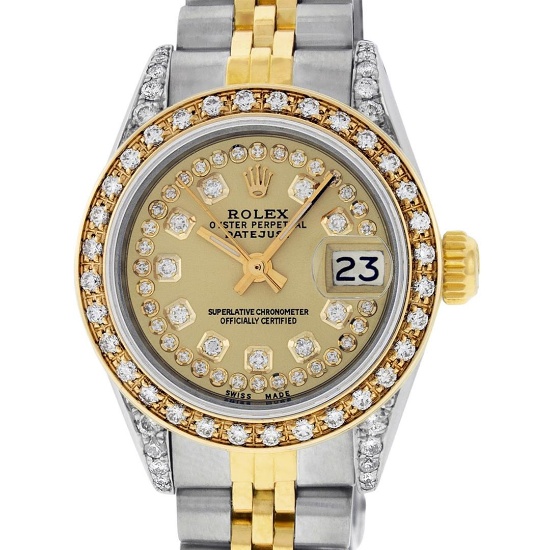 Rolex Ladies 2 Tone Champagne Diamond Lugs Oyster Perpetual Datejust Wristwatch