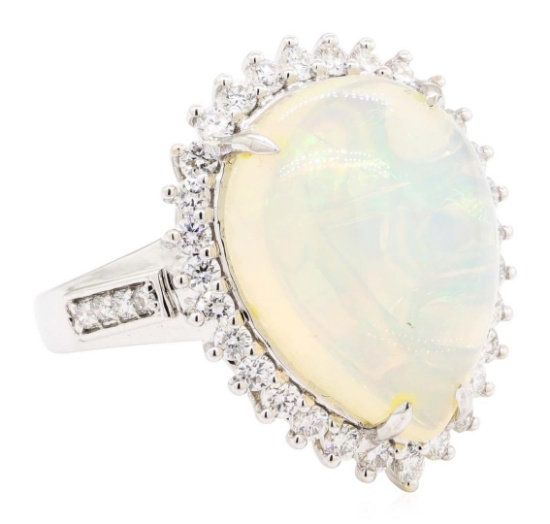 9.12 ctw Cabochon Pear Crystal Opal And Round Brilliant Cut Diamond Ring - 14KT