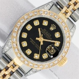 Rolex Ladies 2 Tone Black Diamond Lugs Oyster Perptual Datejust Wristwatch With