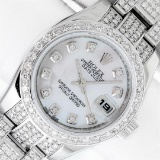 Rolex Ladies Stainless Steel Quickset Mother Of Pearl Full Diamond Datejust Wris