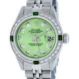 Rolex Ladies Stainless Steel Green Diamond & Emerald Datejust 26MM Wristwatch