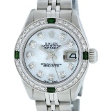 Rolex Ladies Stainless Steel Mother Of Pearl Diamond Emerald 26MM Datejust Wrist
