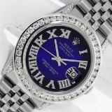 Rolex Mens Stainless Steel Blue Vignette Roman 3 ctw Diamond Datejust Wristwatch