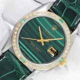 Rolex Datejust Mens 36 Green Malachite Diamond Bezel 18K/SS Oyster Perpetual Wit