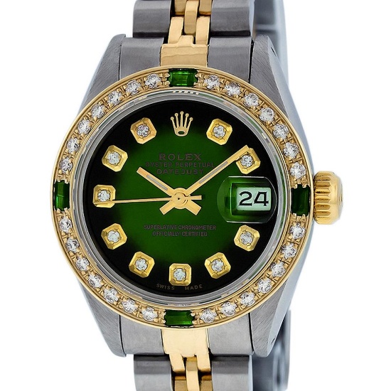 Rolex Ladies 2 Tone Green Vignette Diamond Datejust Wristwatch