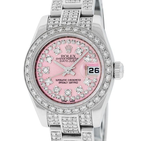 Rolex Ladies New Style Pink Iced 4 ctw Diamond Datejust Wristwatch With Rolex Bo