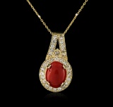 14KT Yellow Gold 6.16 ctw Coral and Diamond Pendant With Chain