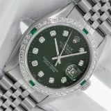 Rolex Mens Stainless Steel Green Vignette Diamond Oyster Perpetual Datejust Wris