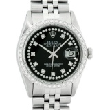 Rolex Mens Stainless Steel Black String Diamond 36MM Oyster Perpetual Datejust