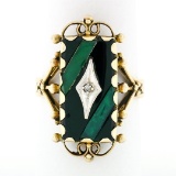 Vintage 14k Gold Rectangular Black Onyx w/ Green Agate Stripes Long Dinner Ring